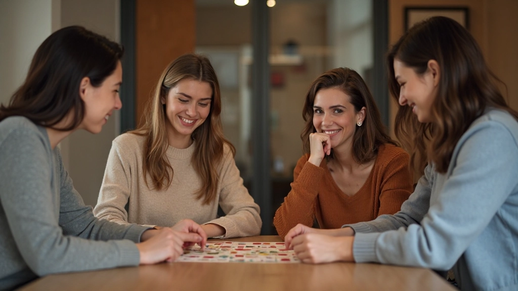 Профессиональное фото группы друзей, участвующих в интерактивной памяти-игре для развития когнитивных навыков