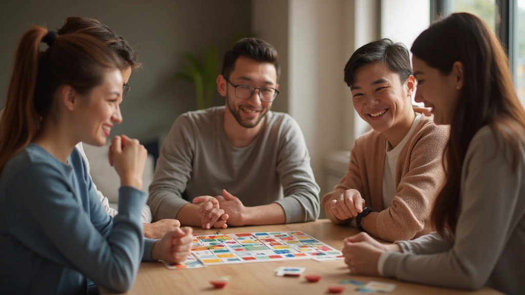 Группа людей играют в настольную игру для развития памяти за деревянным столом