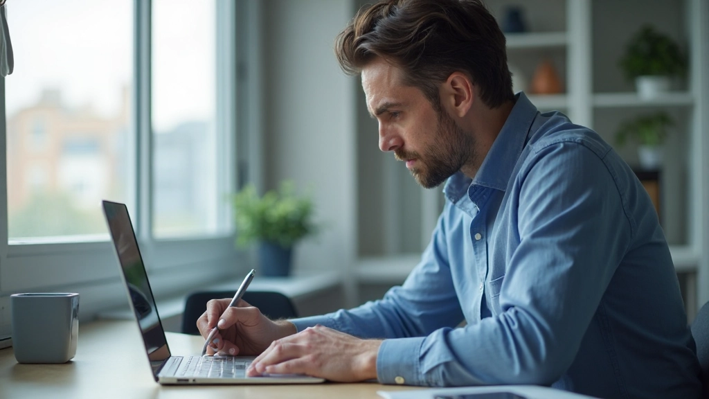 Профессиональное фото человека, сосредоточенно работающего с когнитивными упражнениями на современном рабочем столе