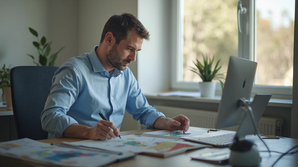 Мужчина выполняет упражнения для развития когнитивных способностей в домашнем офисе