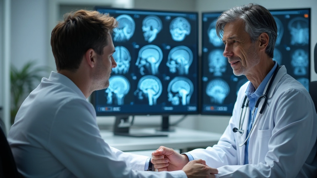 Профессиональный врач-невролог показывает пациенту результаты исследования мозга на компьютере