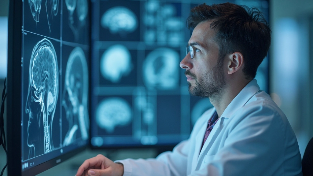Профессиональное изображение исследователя мозга в лаборатории, анализирующего данные сканирования мозга, научное оборудование, современная лаборатория, профессиональное освещение