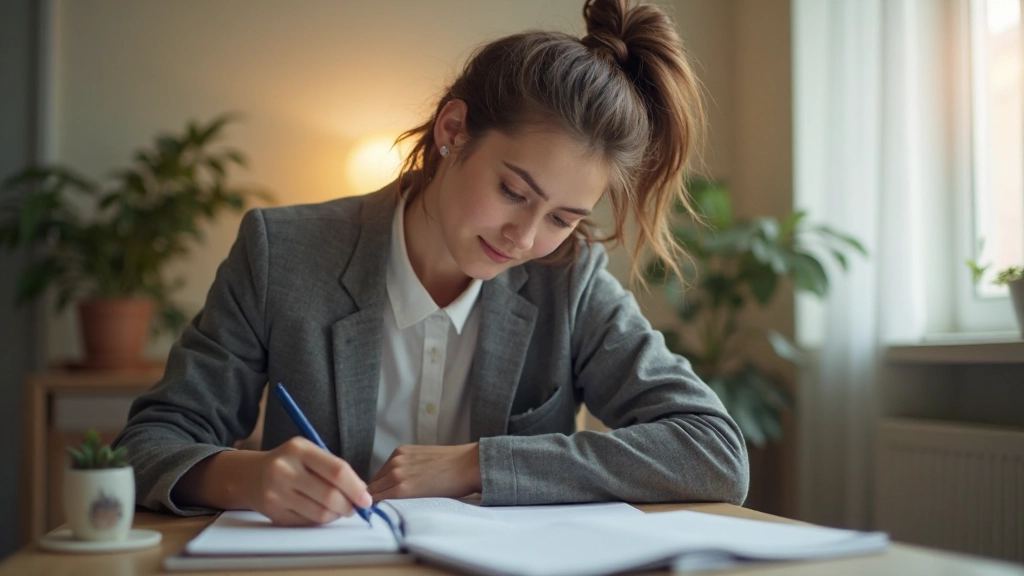 Женщина занимается упражнениями на концентрацию внимания за столом с учебными материалами
