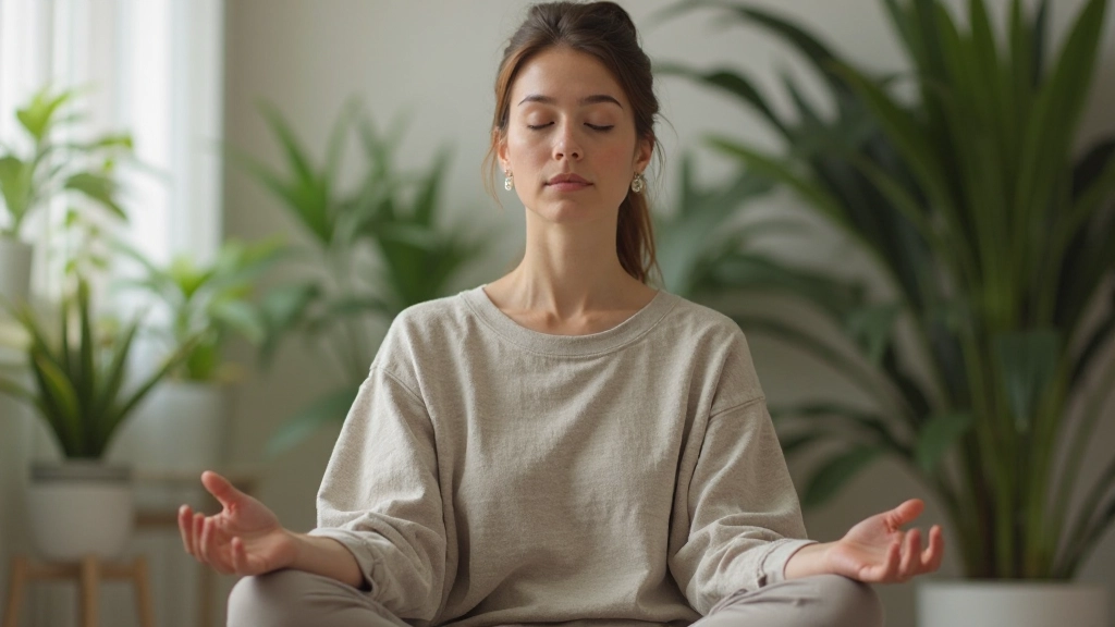 Женщина медитирует в спокойной окружающей среде, сидя с закрытыми глазами, естественное мягкое освещение, размытый фон
