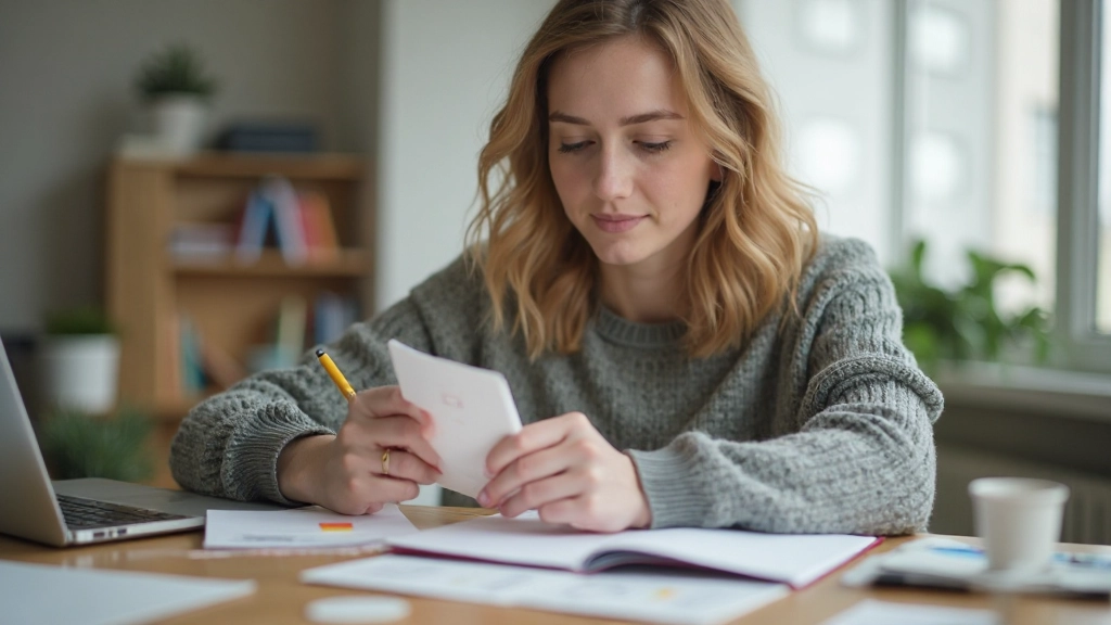 Женщина занимается упражнениями на концентрацию внимания за столом с учебными материалами