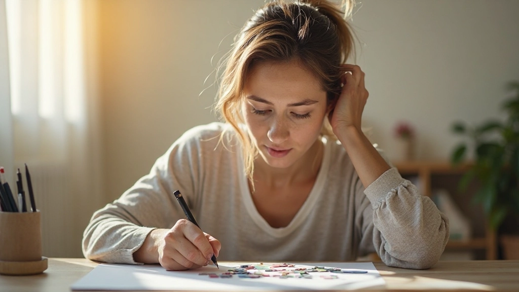 Женщина выполняет утреннее когнитивное упражнение за рабочим столом