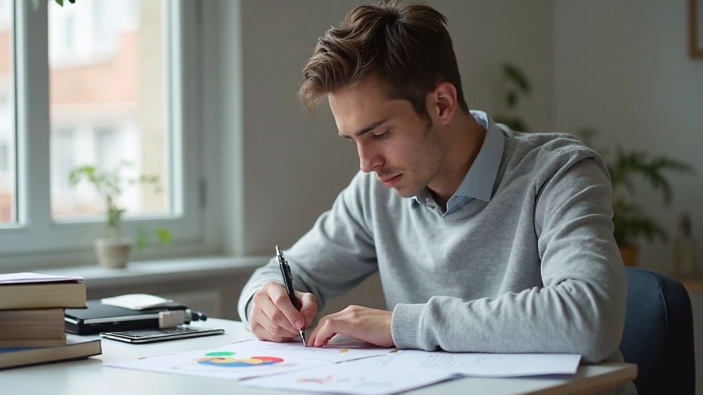 Профессиональное фото молодого человека, изучающего эффективные техники запоминания с записями и диаграммами